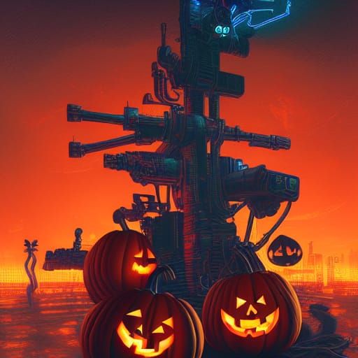 Cyberpunk Jack-o'-Lantern with Neon Glow in Space