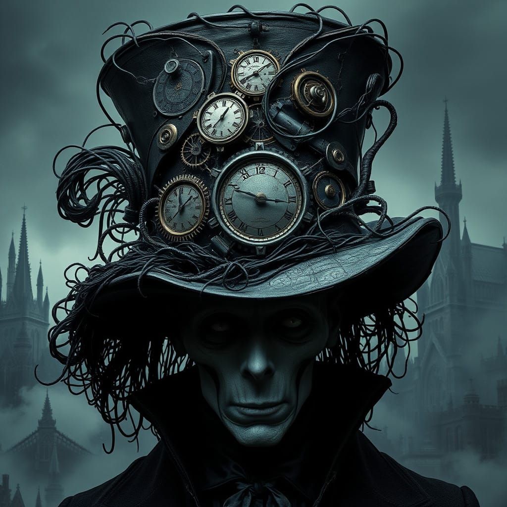 Gothic Figure Emerges from Dark Industrial Hat in Cyberpunk....