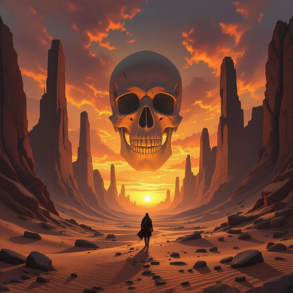 Eerie Desert Landscape with Giant Skull Wall
