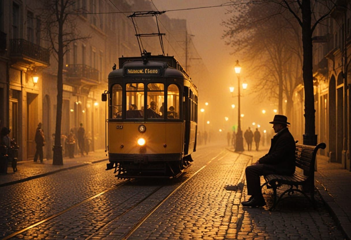 Foggy City Street at Night in Romantic Impressionist Style
