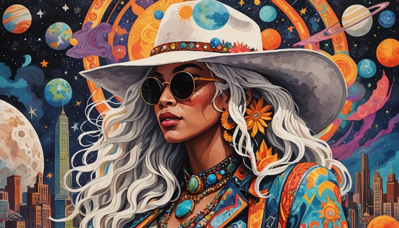 Beyonce in Dystopian City with Two Suns, Matisse Style