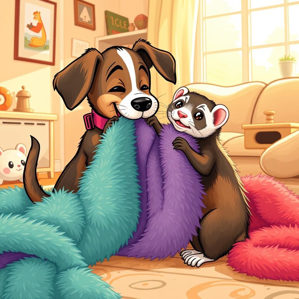 Puppy and Ferret's Playful Tug-of-War