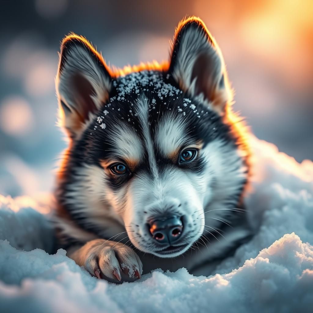 Hyperrealistic Husky Puppy in Snow