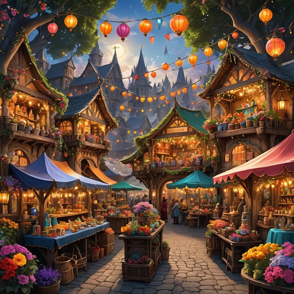 Magical Elven Marketplace with Flowers and Enchanted Items