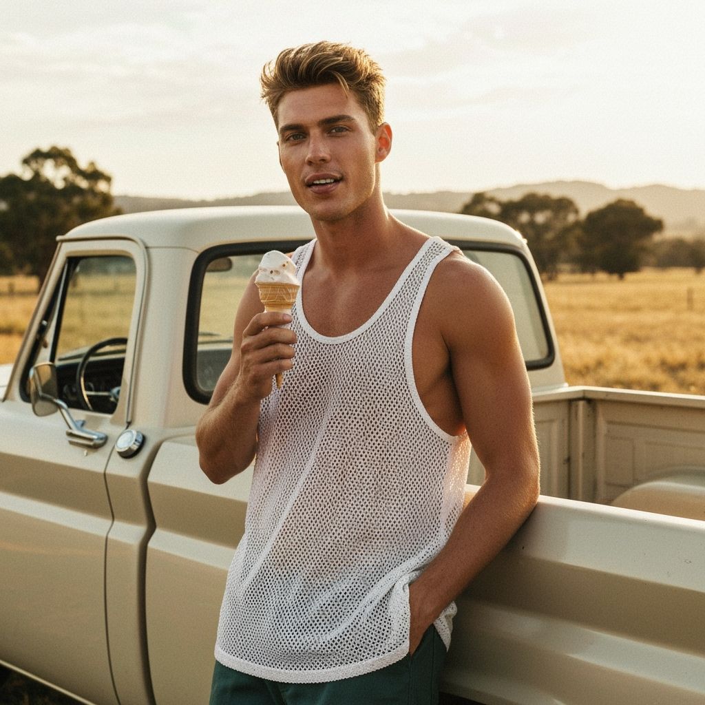 Man with Ice Cream Beside Classic Truck in Golden Hour