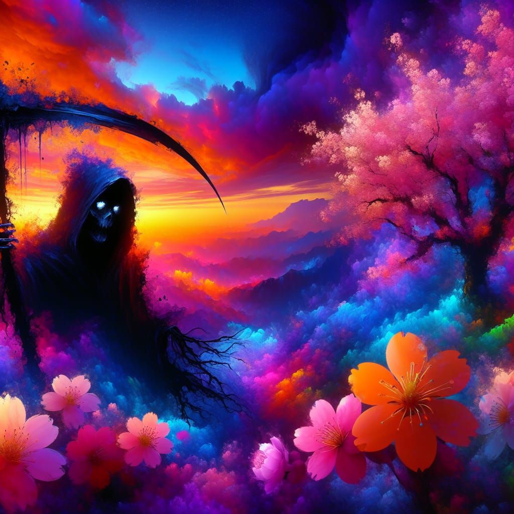 Sunset Death Figure with Sakura Tree Landscape