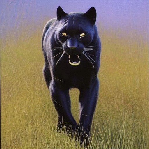 Black Panther in Tall Grass: Oil Painting