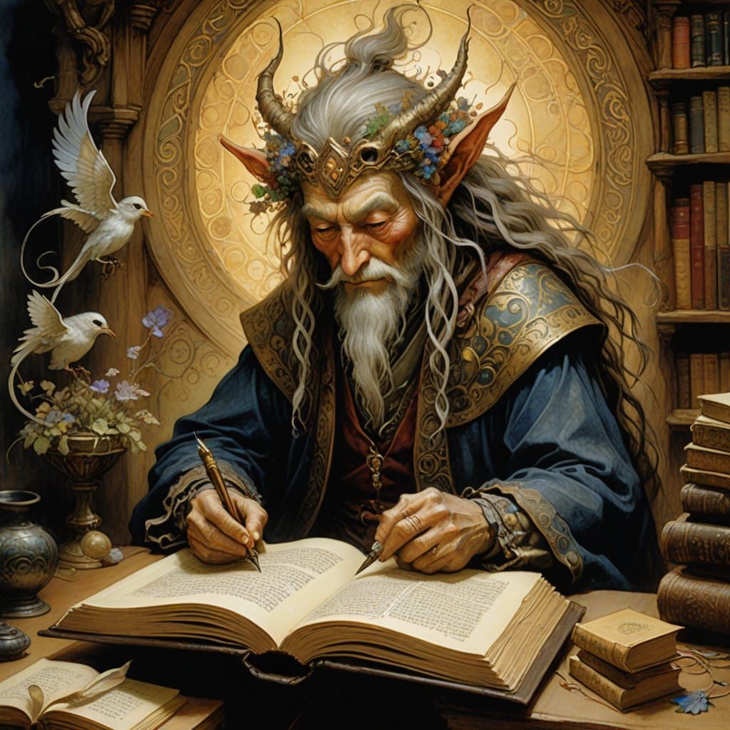 Glowing Quill Writes on Golden Scroll in Enchanted Library