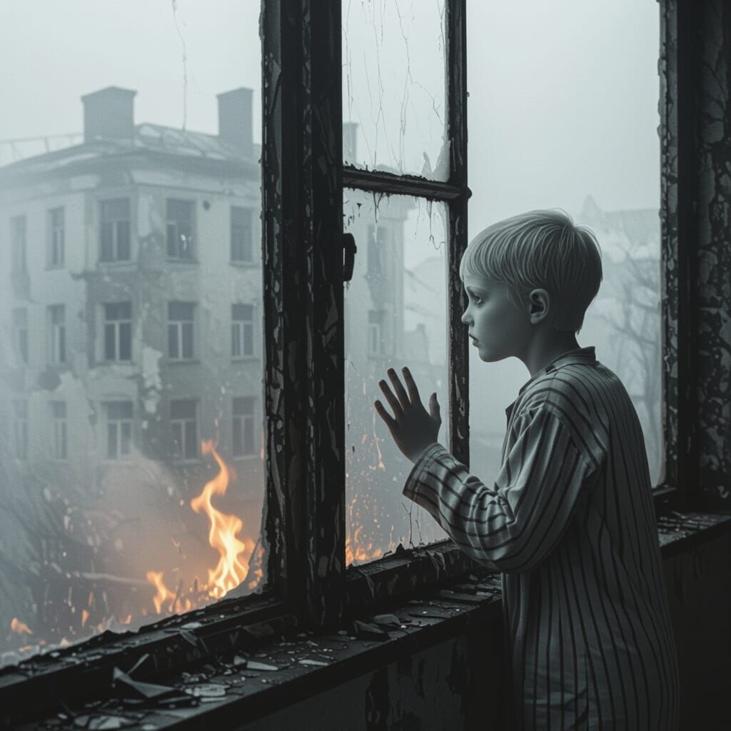 Eerie Orphanage Fire: Haunting Surreal Scene