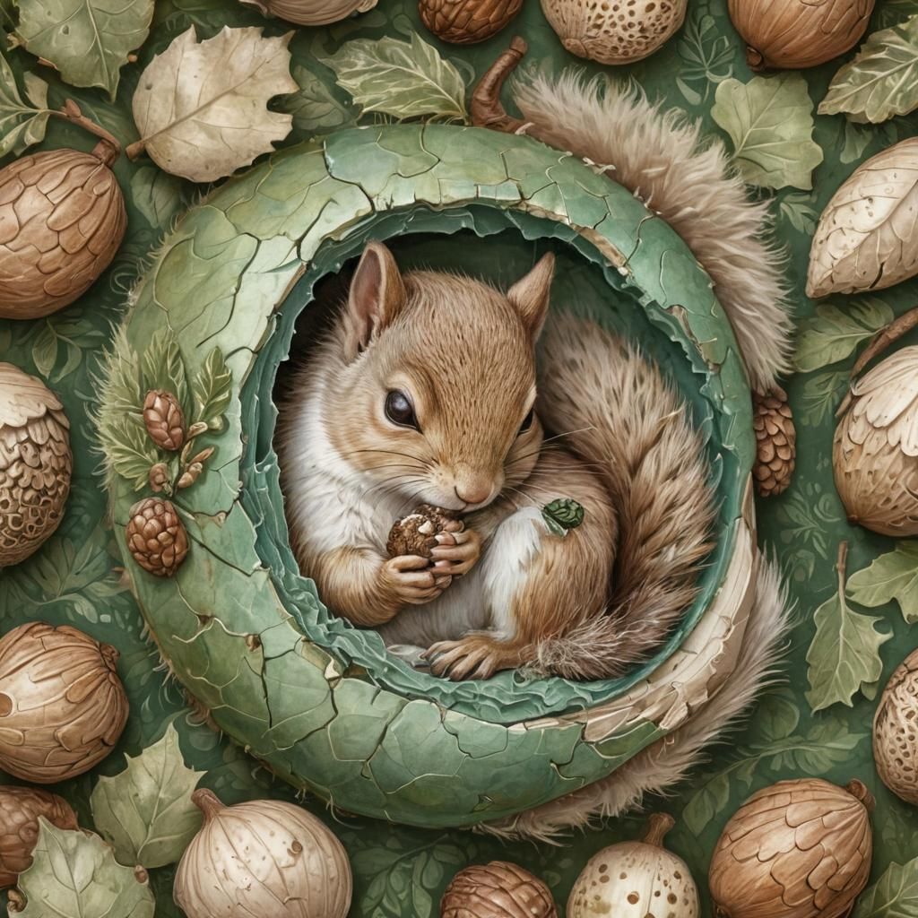 Baby Squirrel Sleeping in Acorn: Storybook Illustration