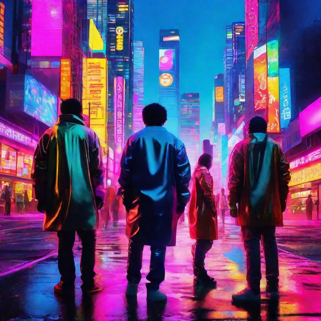 Diverse Group in Futuristic Cityscape: Surrealist Art