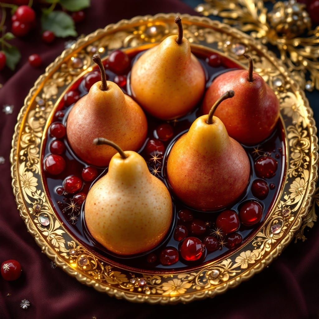 24K Gold Gilded Plate with Succulent Pears in Crimson Wine