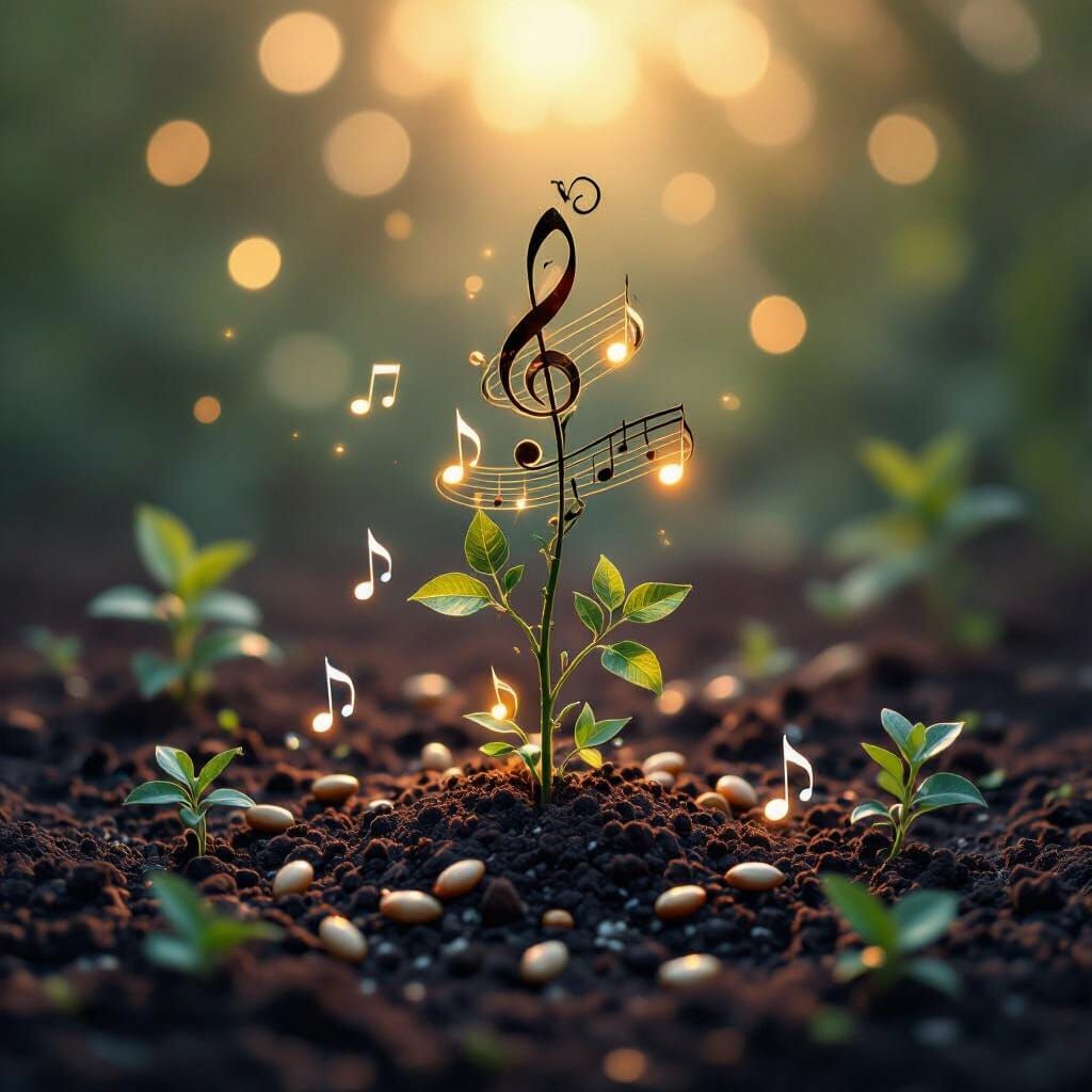 Musical Notes Sprout from Seeds in Golden Hour Light