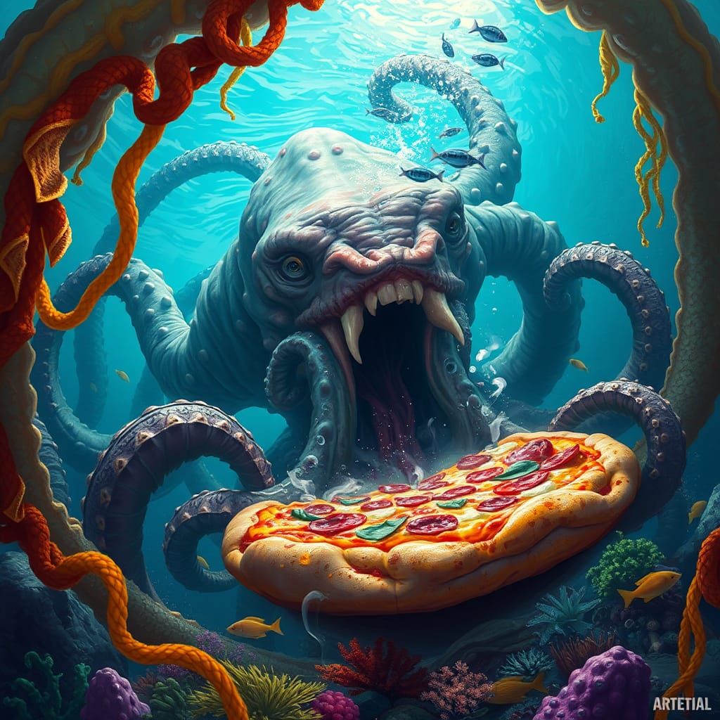 Kraken's Underwater Pizza Feast in Fantasy Art Style