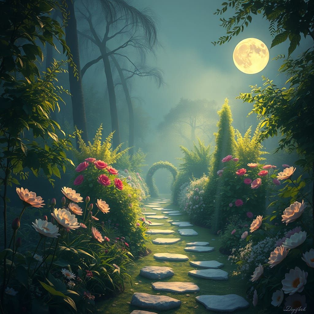 Serene Moonlit Garden in Impressionist Style