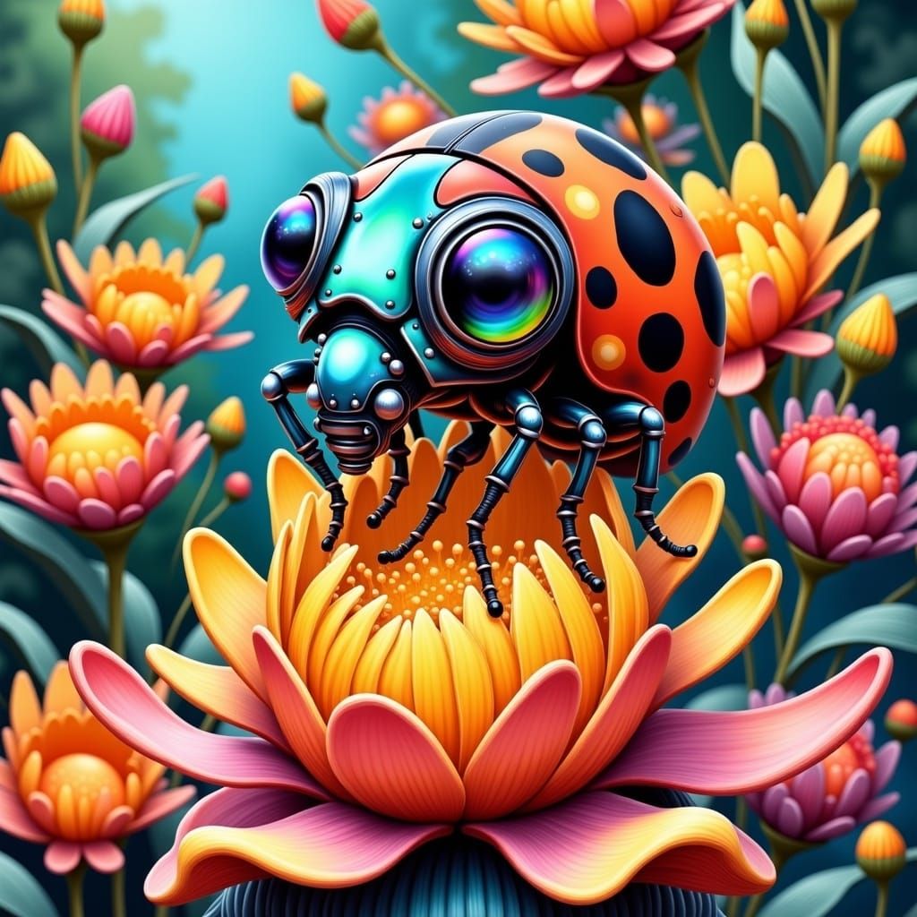 Vibrant Ladybug Alien in Whimsical, Dreamy Landscape