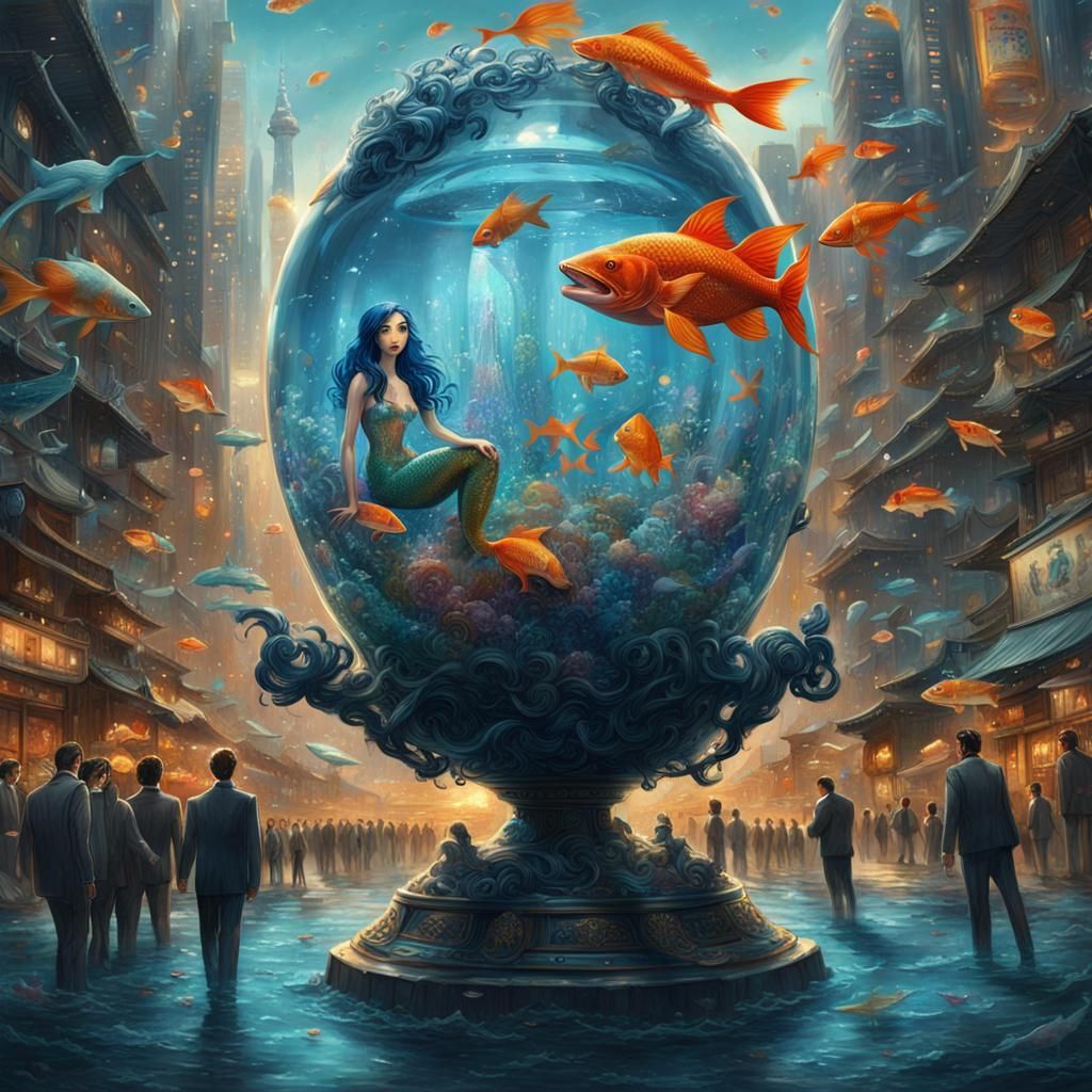 Mermaid in Crystal Goblet in Tokyo Street, Digital Art