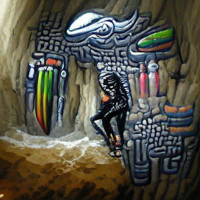Surfer in a cave graffiti H.R. Giger maximalist pixel art