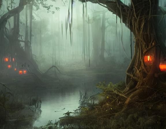 Steampunk Village in Toxic Bayou: Fantasy Concept Art