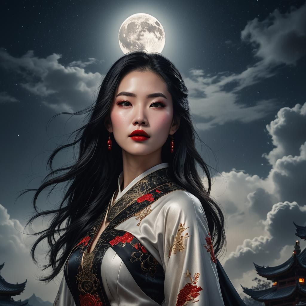 Beautiful Chinese Woman Portrait with Moonlit Night Sky