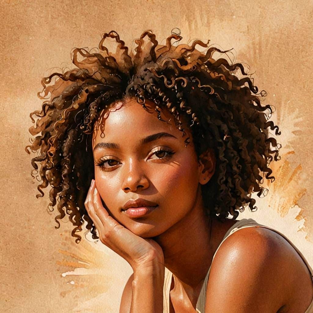 Minimalist Watercolor Portrait of Woman with Curly Hair