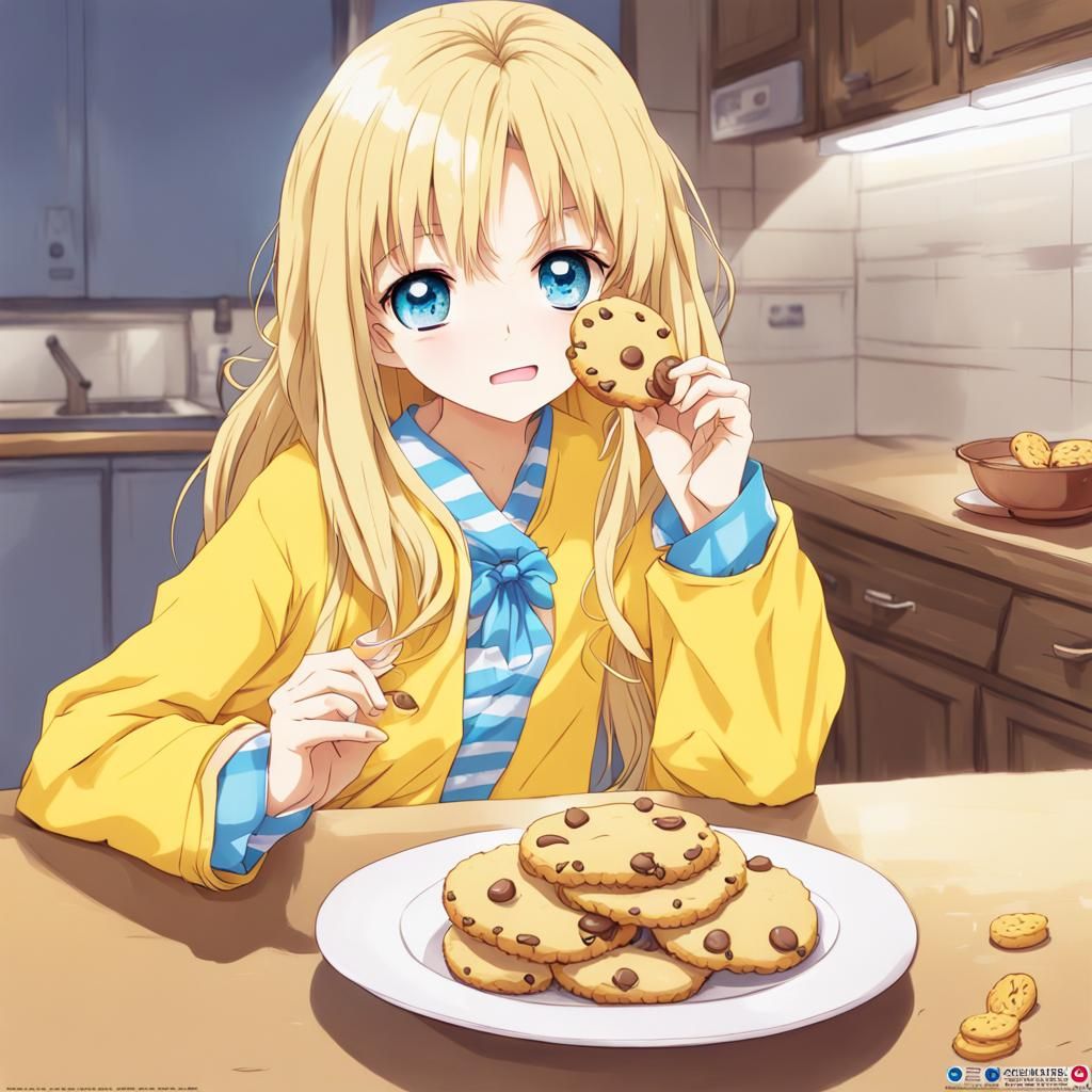 Anime Girl Eating Cookie in Yellow Pajamas