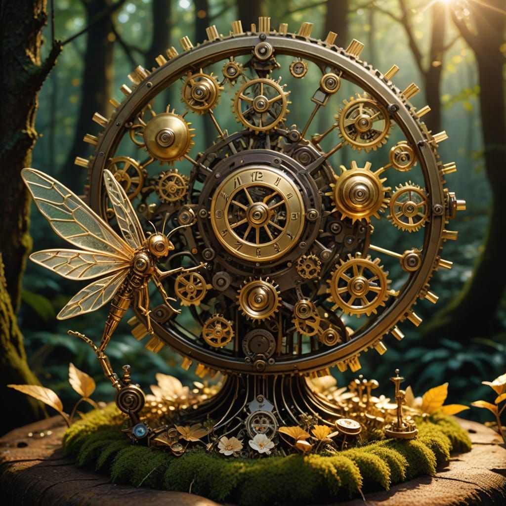 Steampunk Fairies Dance Among Golden Gears in a Sunlit Gilde...