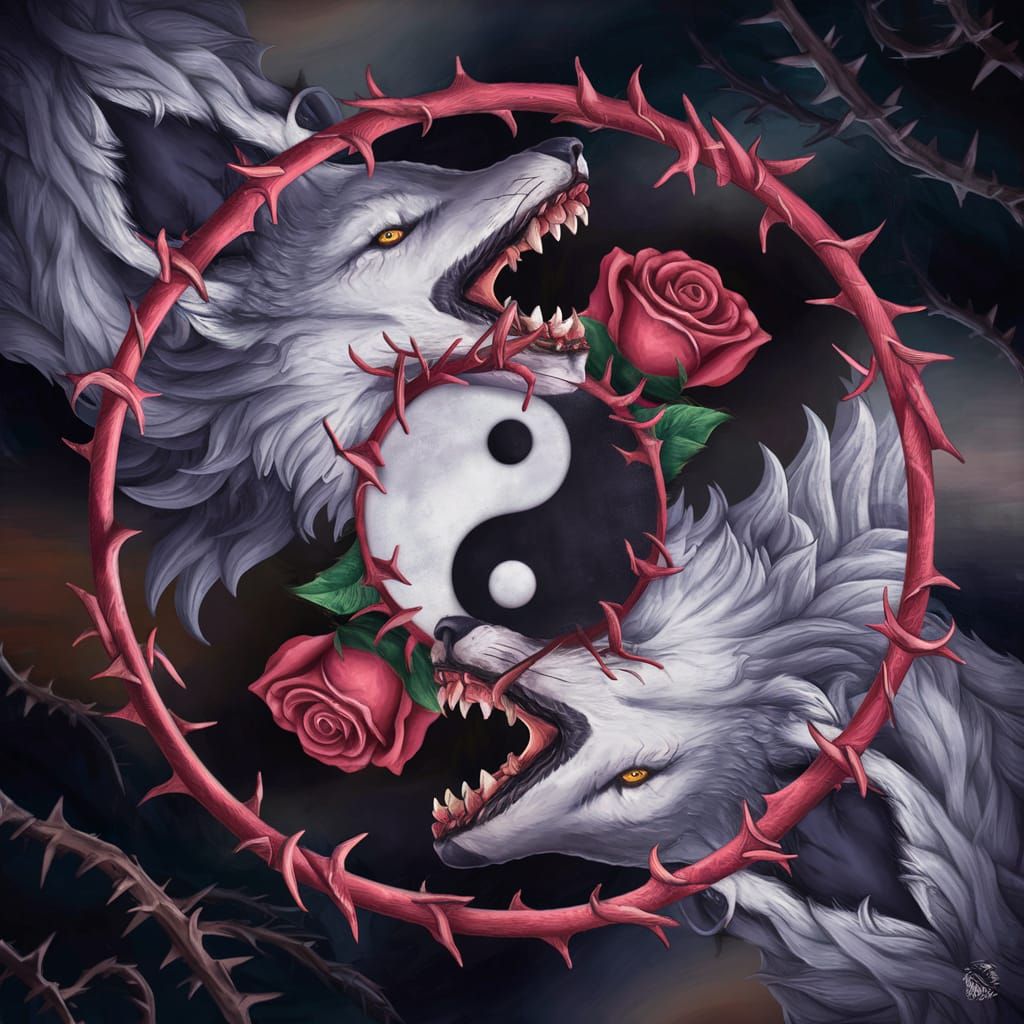 Wolf Heads Yin Yang with Rose Thorns