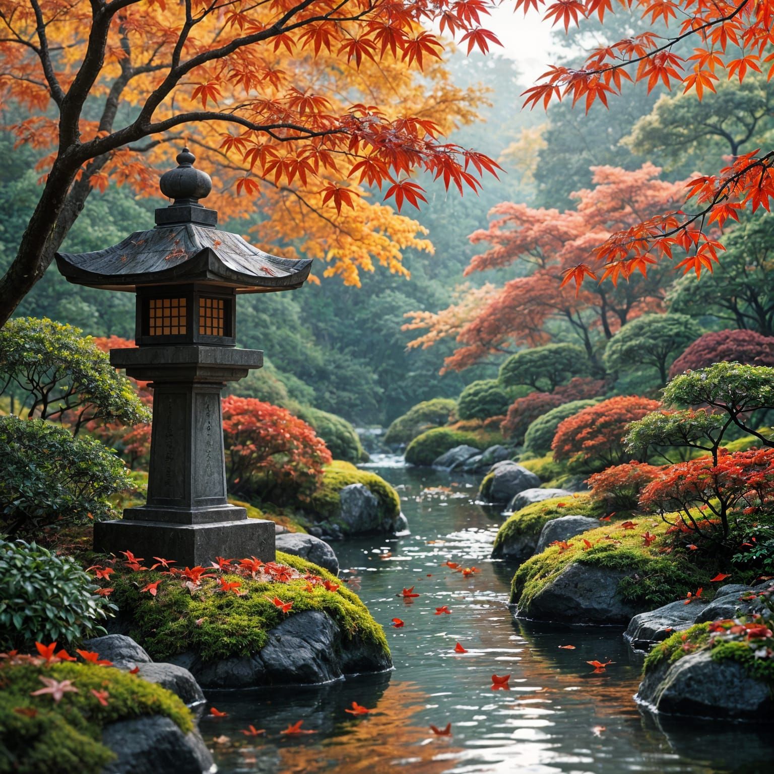 Serene Japanese Autumn Garden in Ukiyo-e Style