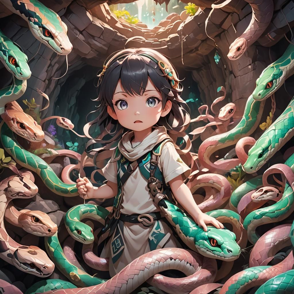 Anime Art: Baby Protected by Snakes in Cave