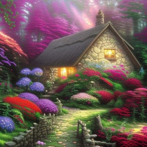 Ethereal Floral Cottage in Misty Forest, Hyperdetailed