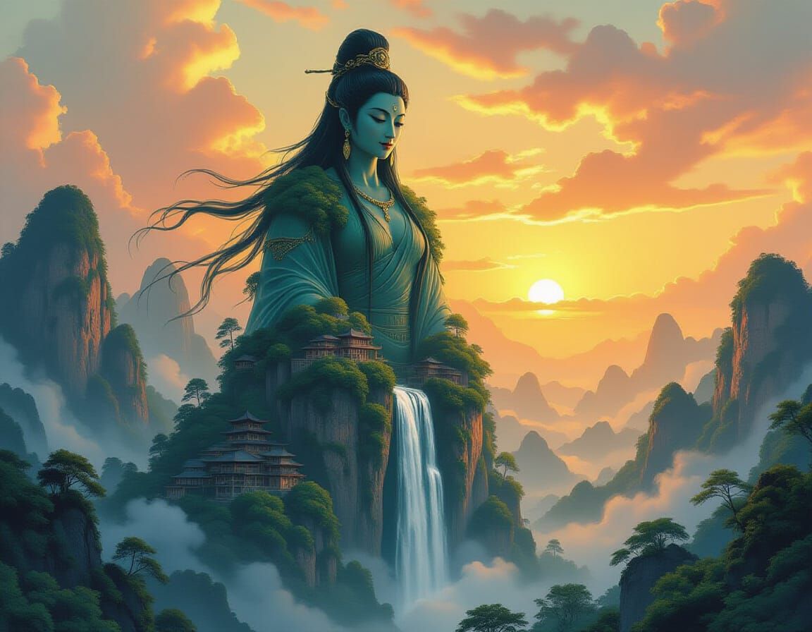 Ancient Goddess as Living Mountain in Sunset