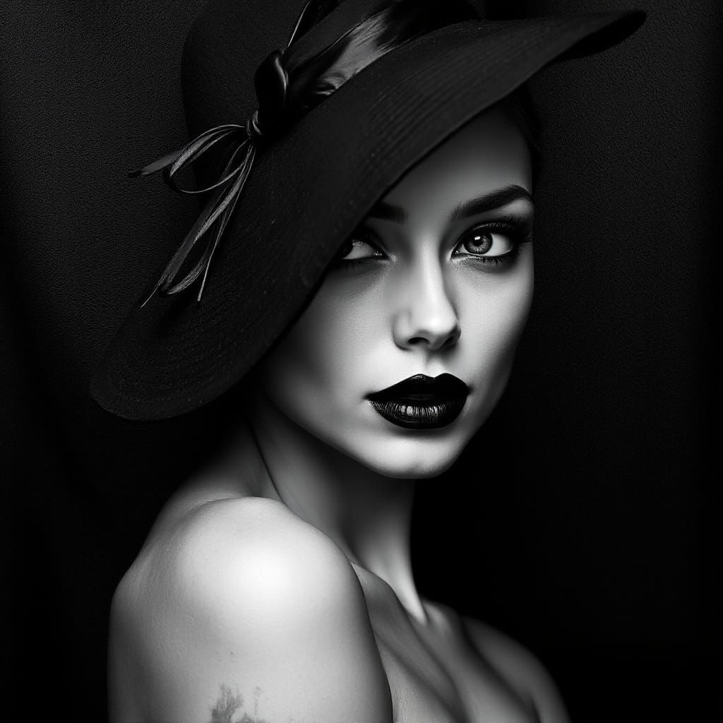 Black And White Portrait Of Woman With Artistic Hat