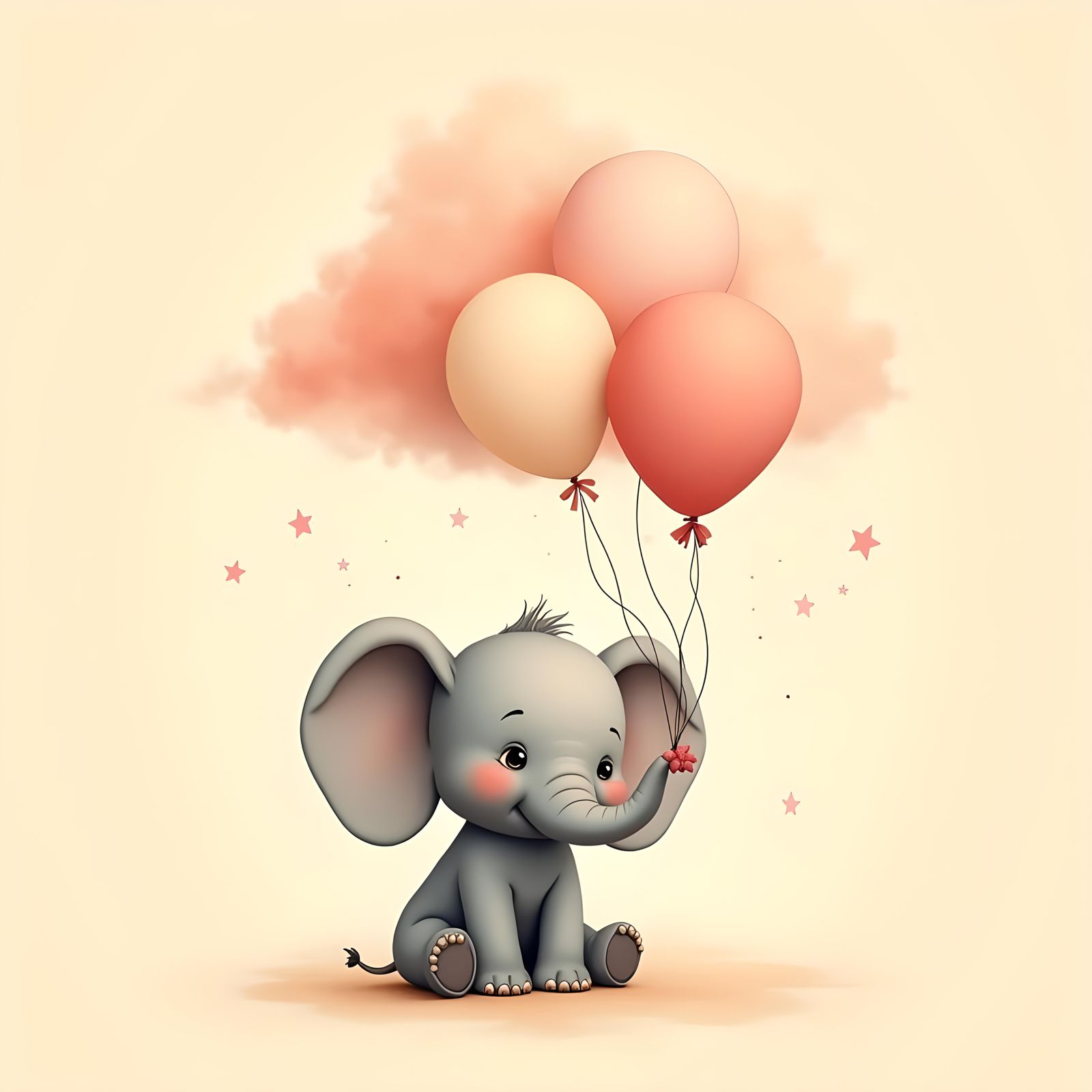 Baby Elephant with Pastel Balloons in Dreamy Sky