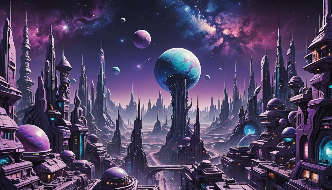 Alien City in Space with Purple and Blue Hues