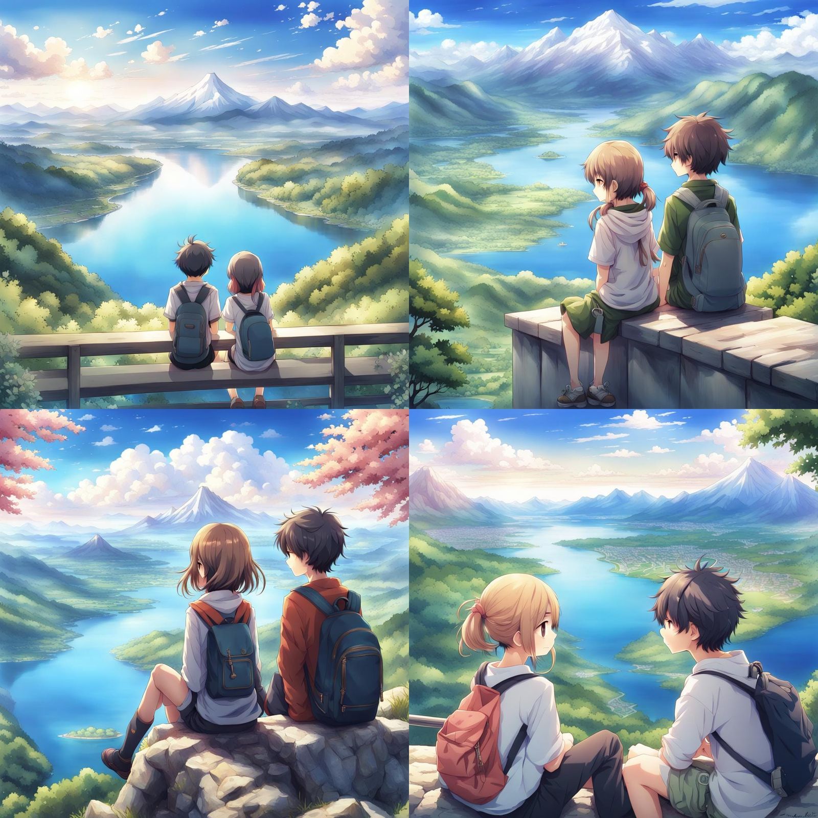 Teenagers Overlooking Mountain Vista in Anime Style