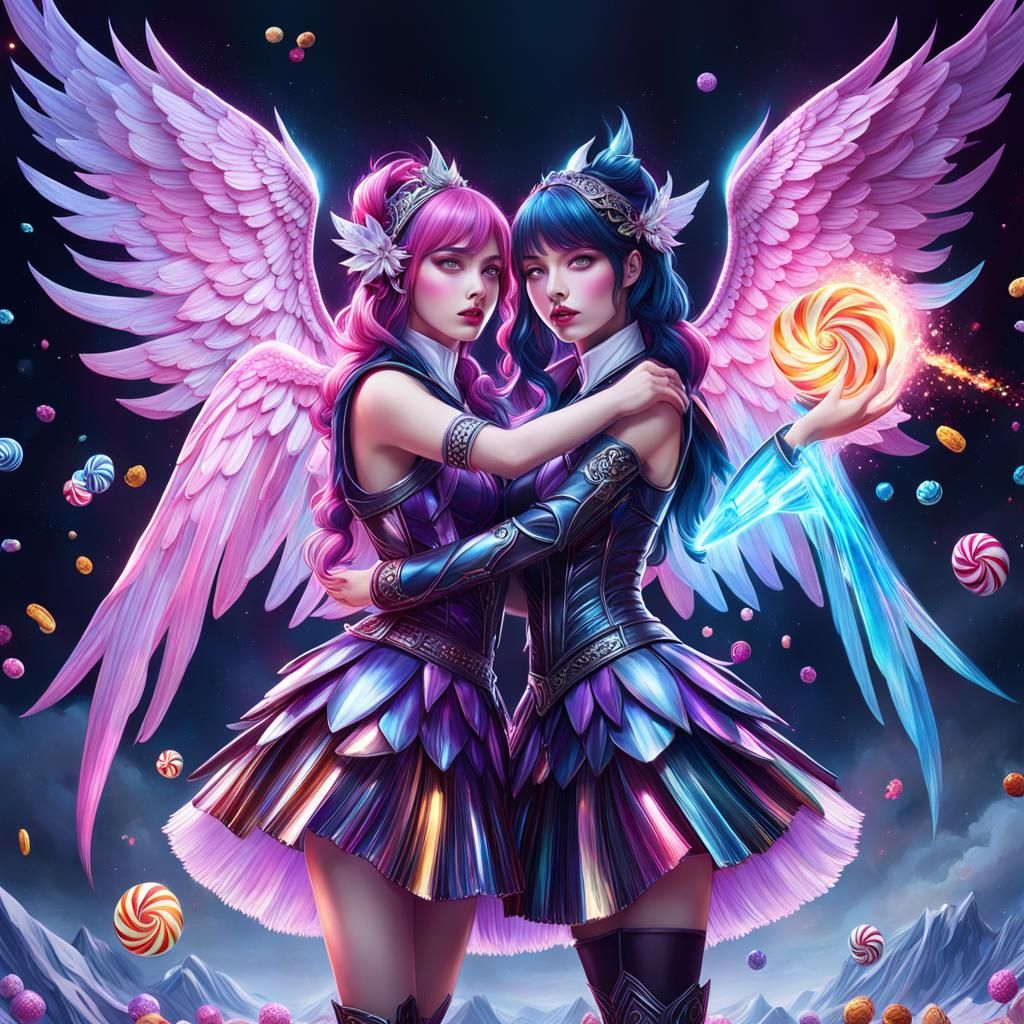 Fiery Icy Embrace: Candy Art Girls with Wings