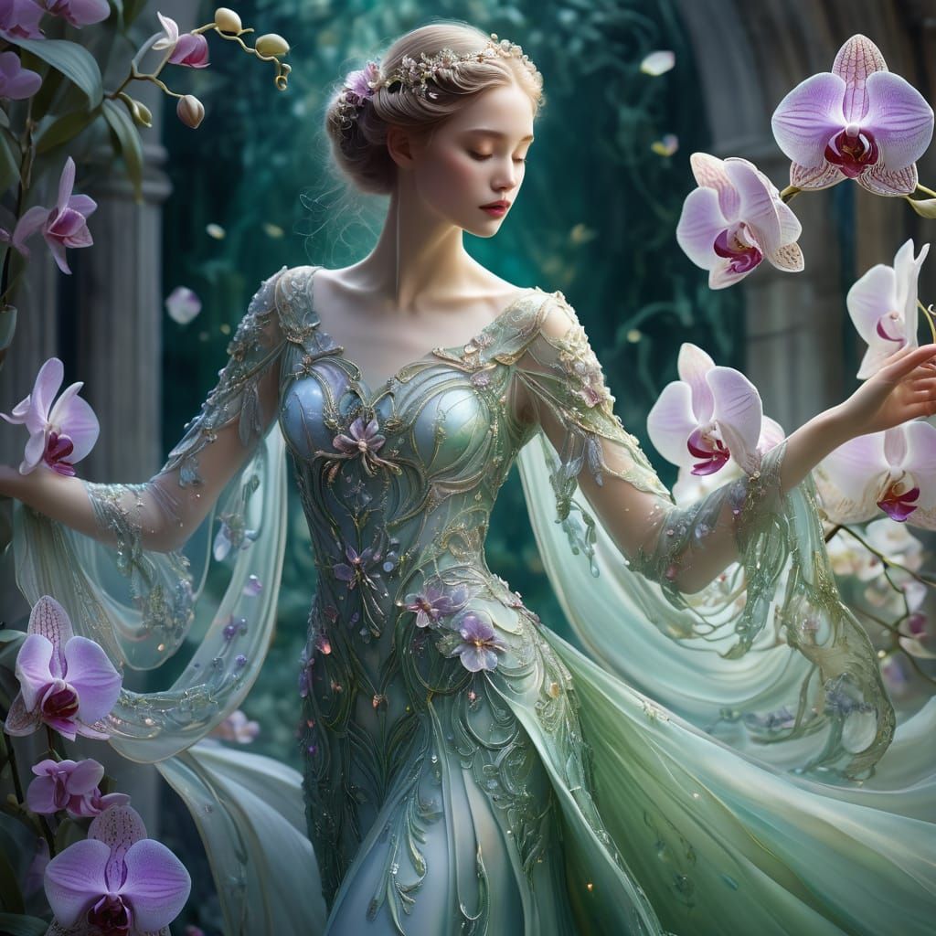 Fantasy Gown of Opals and Orchids in Art Nouveau Style