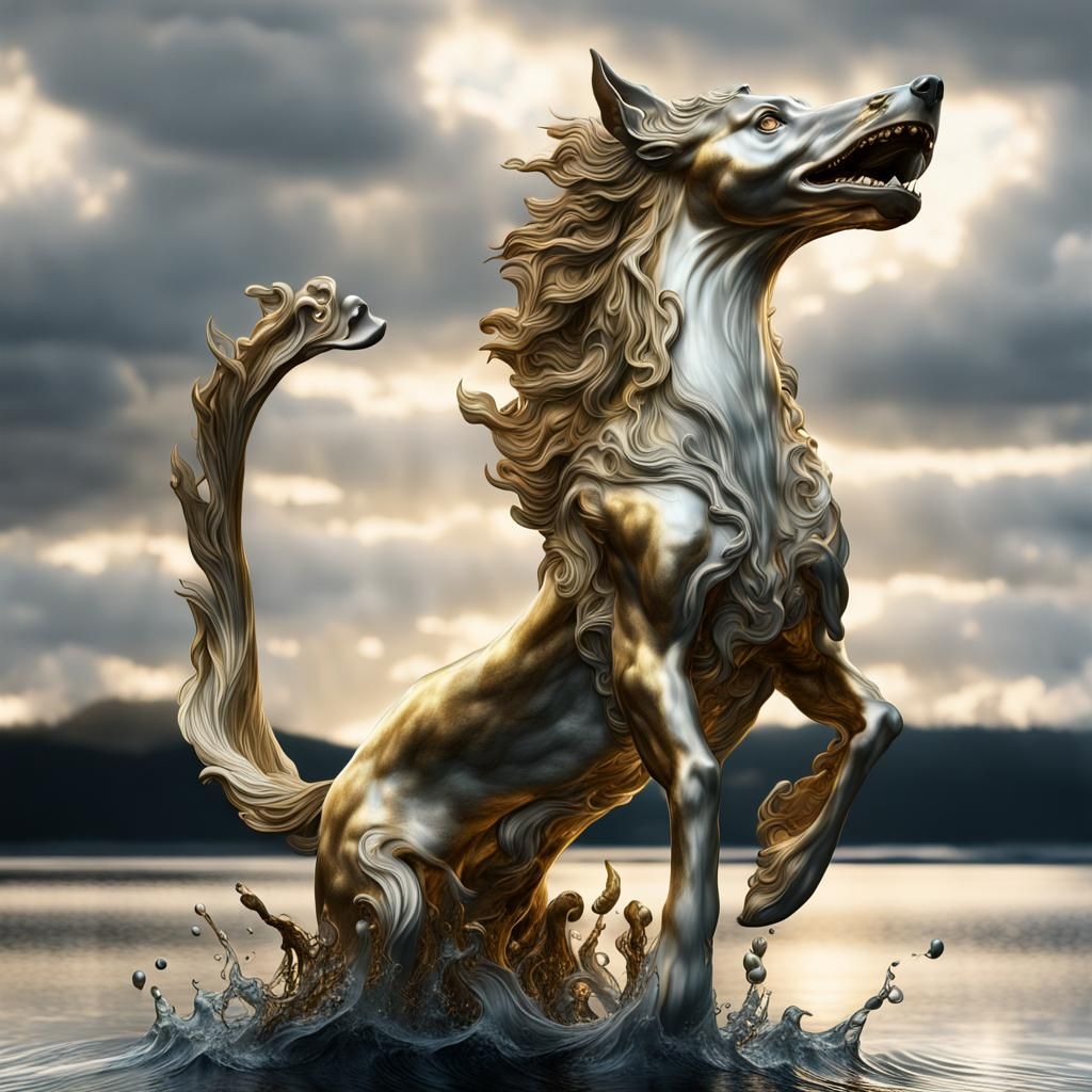 Elaborate Metal Kelpie Statue Emerging from Mercury Lake