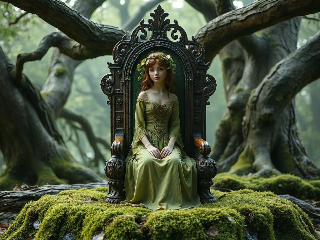 Princess Dryad on Mossy Throne in Ethereal Forest