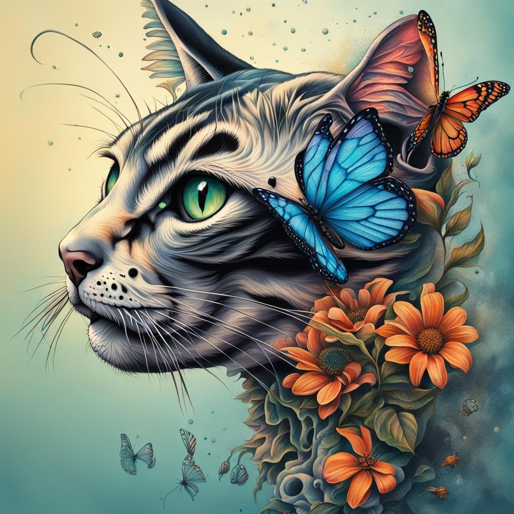 Tattoo design, cat profile looking at a butterfly