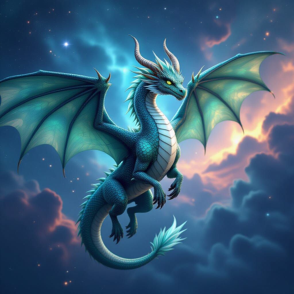 Iridescent Dragon Soaring Through Nebula: 3D Render