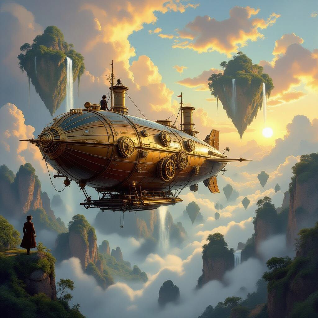 Steampunk Airship Navigates Islands with Waterfalls