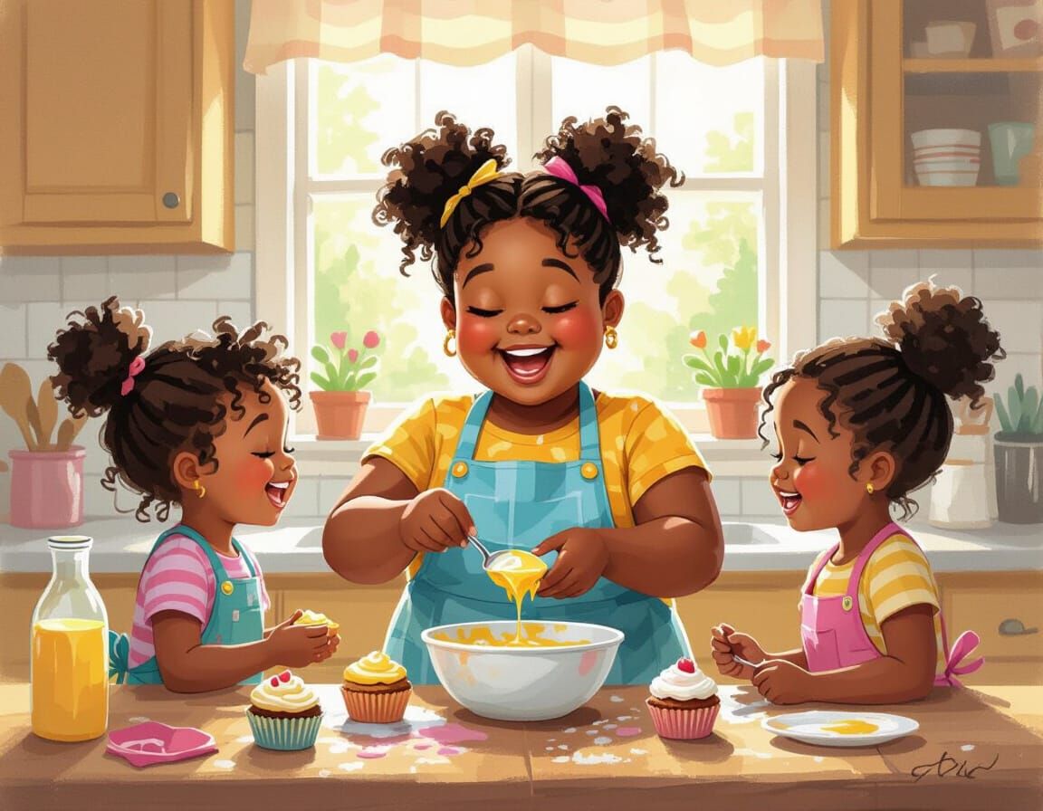 Little Girl Cooks Cupcakes With Friends in Kitchen