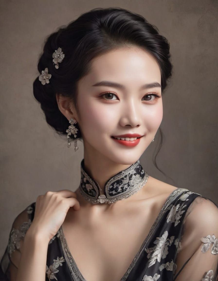 Elegant Vintage Portrait in Monochromatic Style with Chinese...