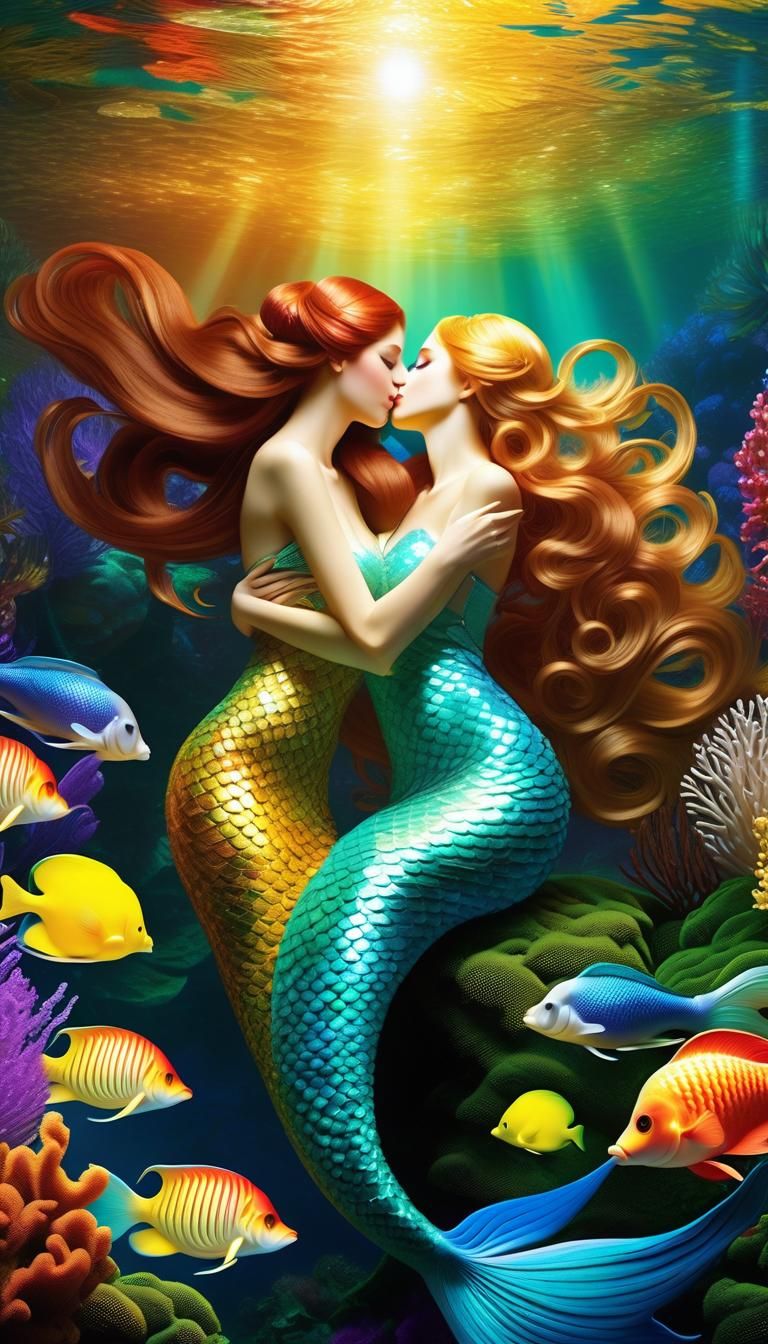 Mermaids Kissing in Art Deco Reef
