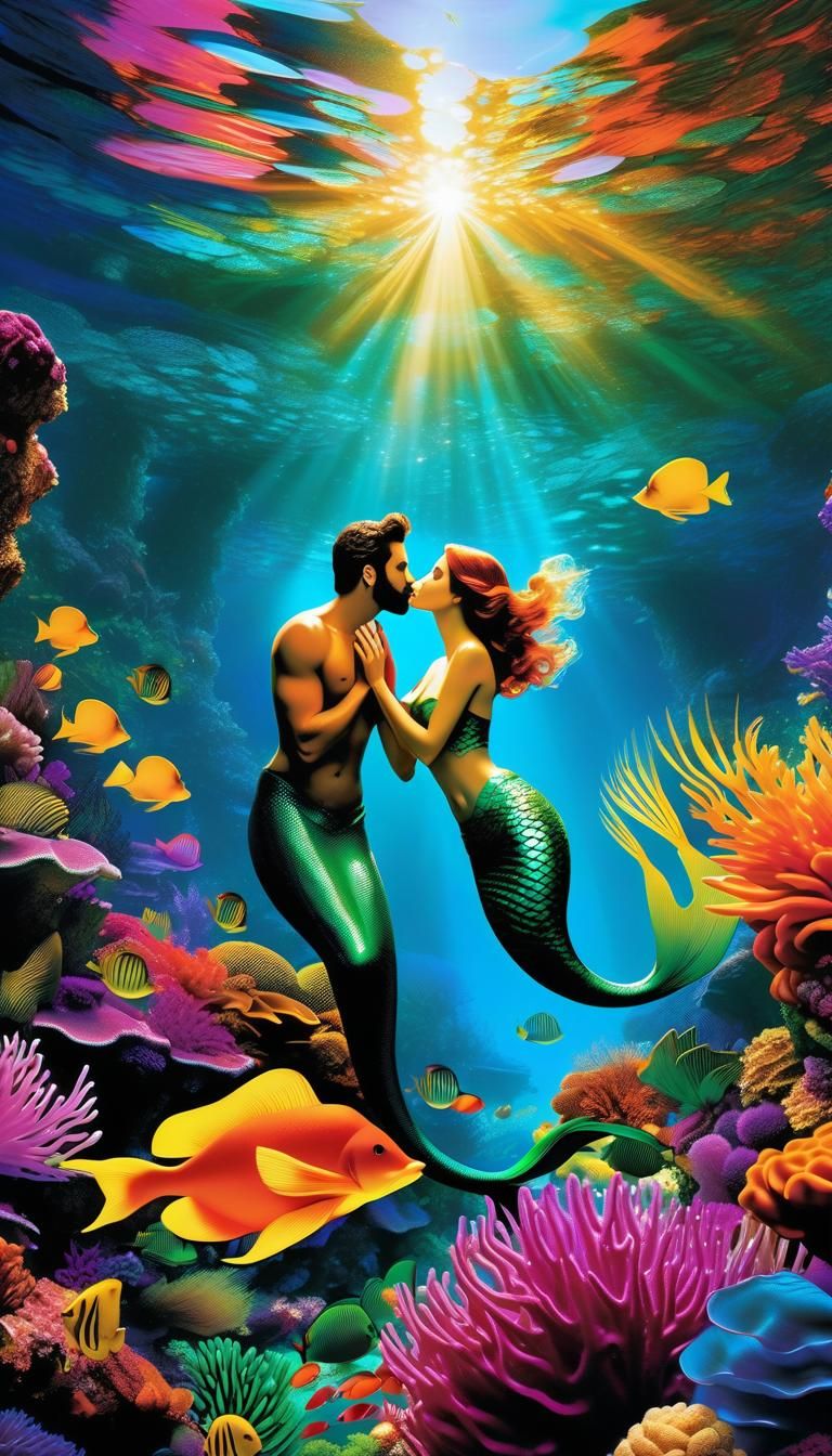 Mermaids Kissing in Art Deco Reef, Hyperdetailed