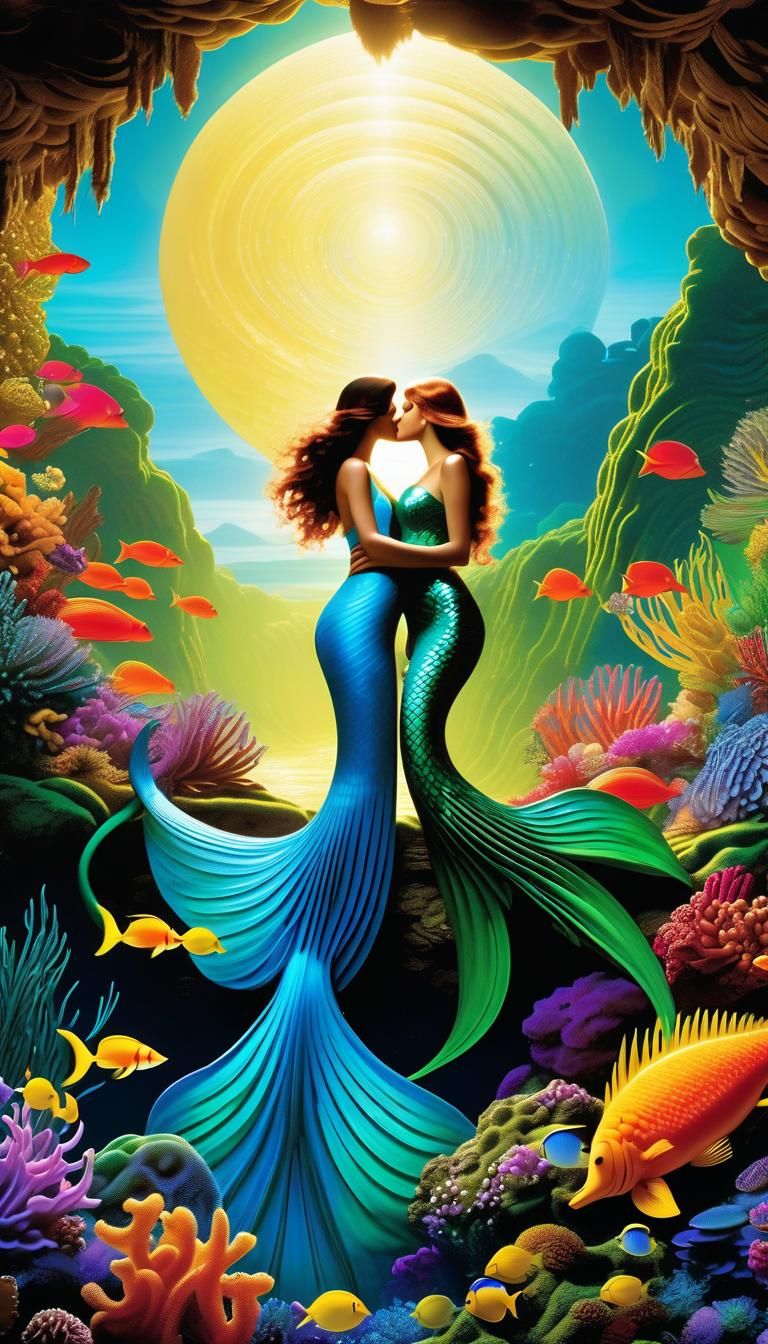 Mermaids Kissing in Art Deco Reef, Hyperdetailed