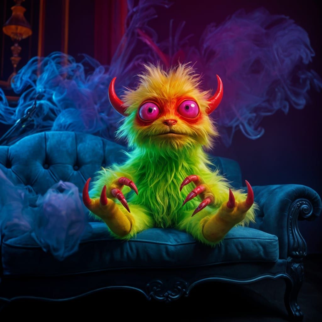 Whimsical Lime-Green Furry Creature on Vintage Velvet Sofa