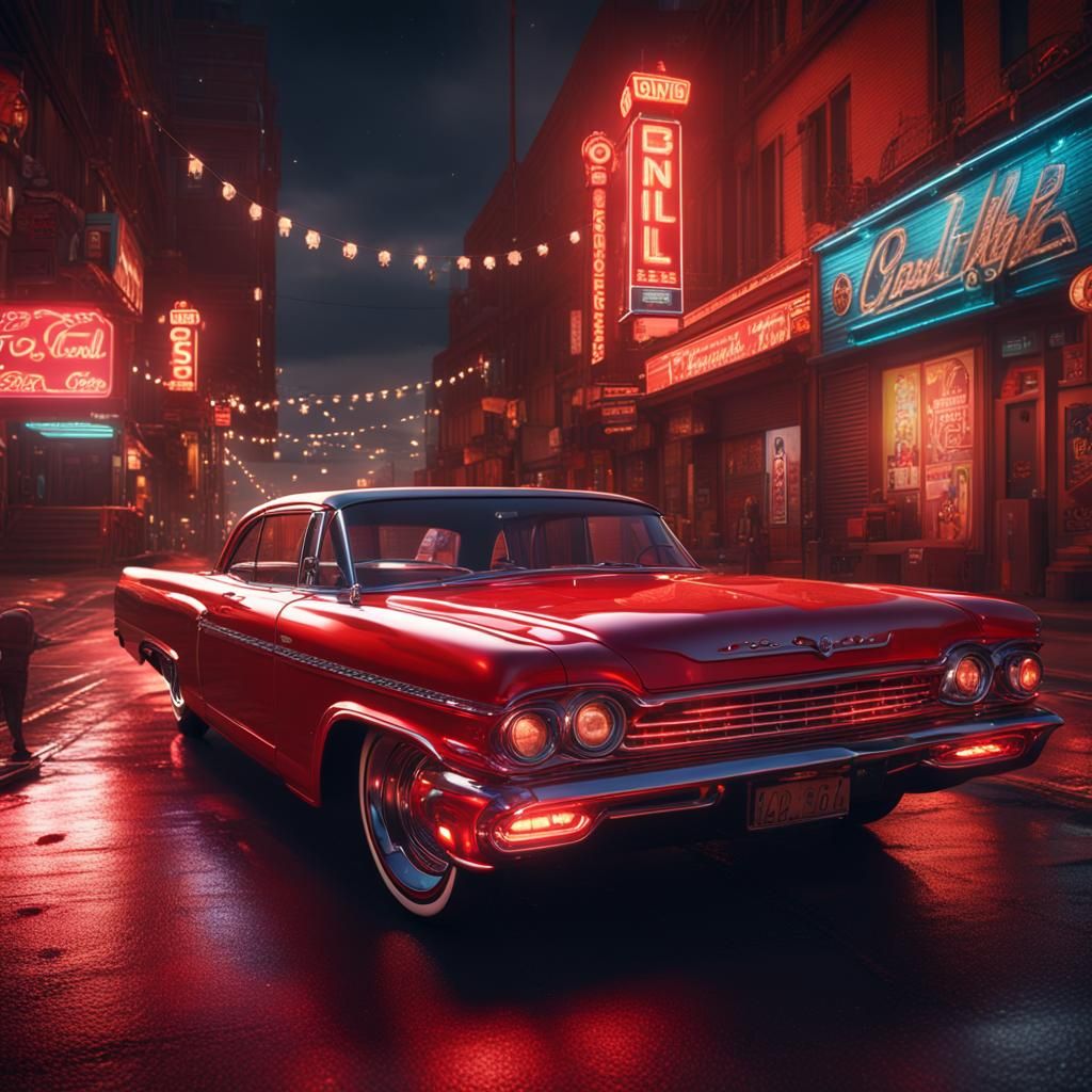 Red 60s Bonneville Lowrider at Night: Detailed Matte Paintin...